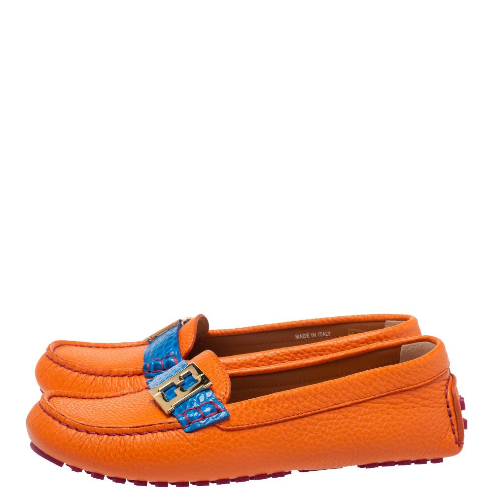 Fendi Orange/Blue Croc Embossed Leather FF Logo Slip On Loafers Size 37.5 3