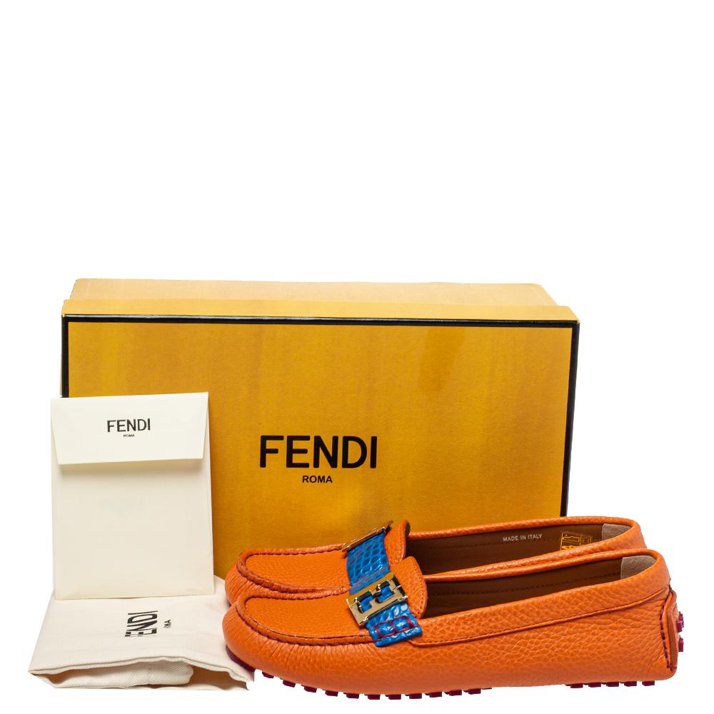 Fendi Orange/Blue Croc Embossed Leather FF Logo Slip On Loafers Size 37.5 4