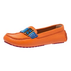 Fendi Orange/Blue Croc Embossed Leather FF Logo Slip On Loafers Size 37.5