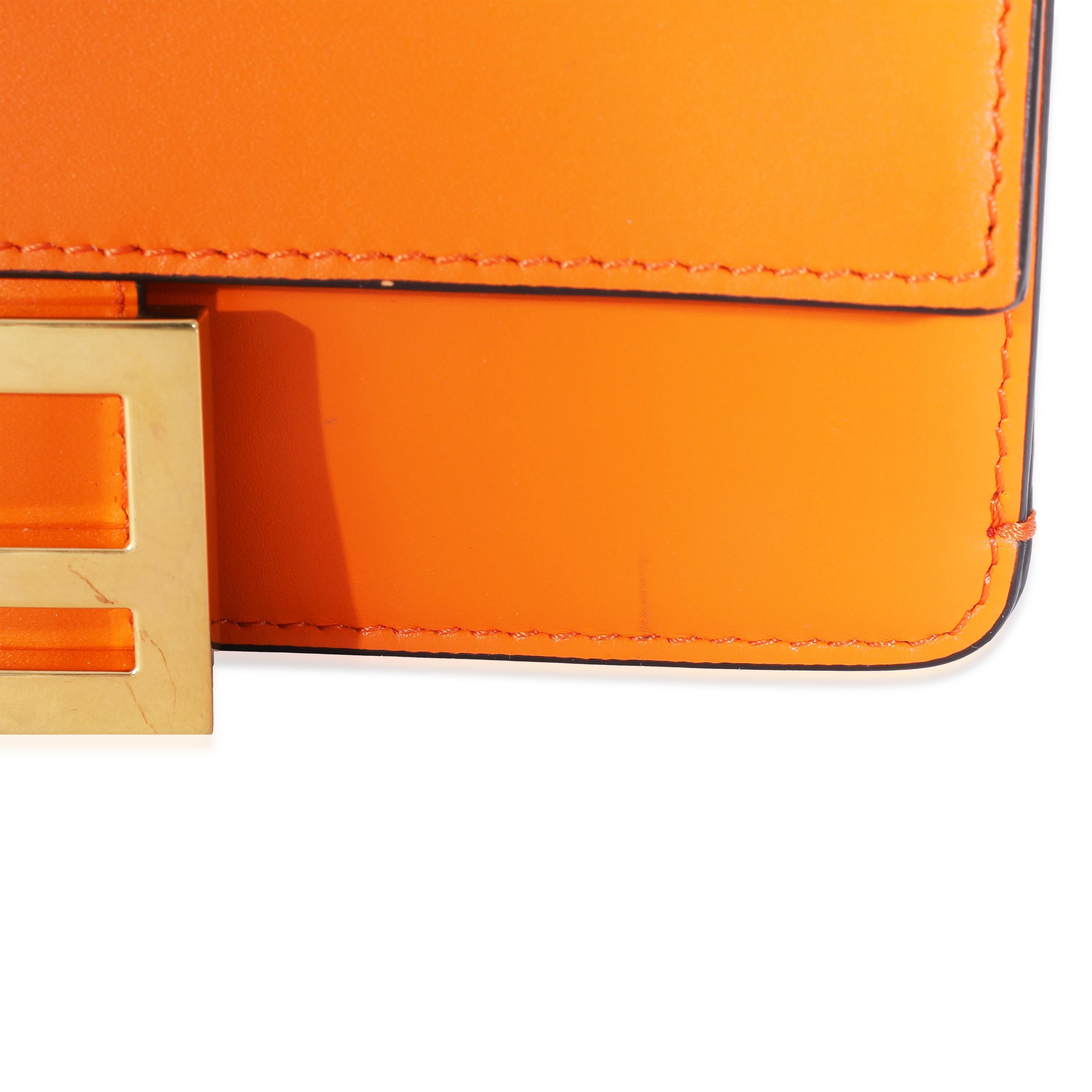 Women's or Men's Fendi Orange Calfskin Mini Flat Baguette with Brown 'Strap You' Strap For Sale