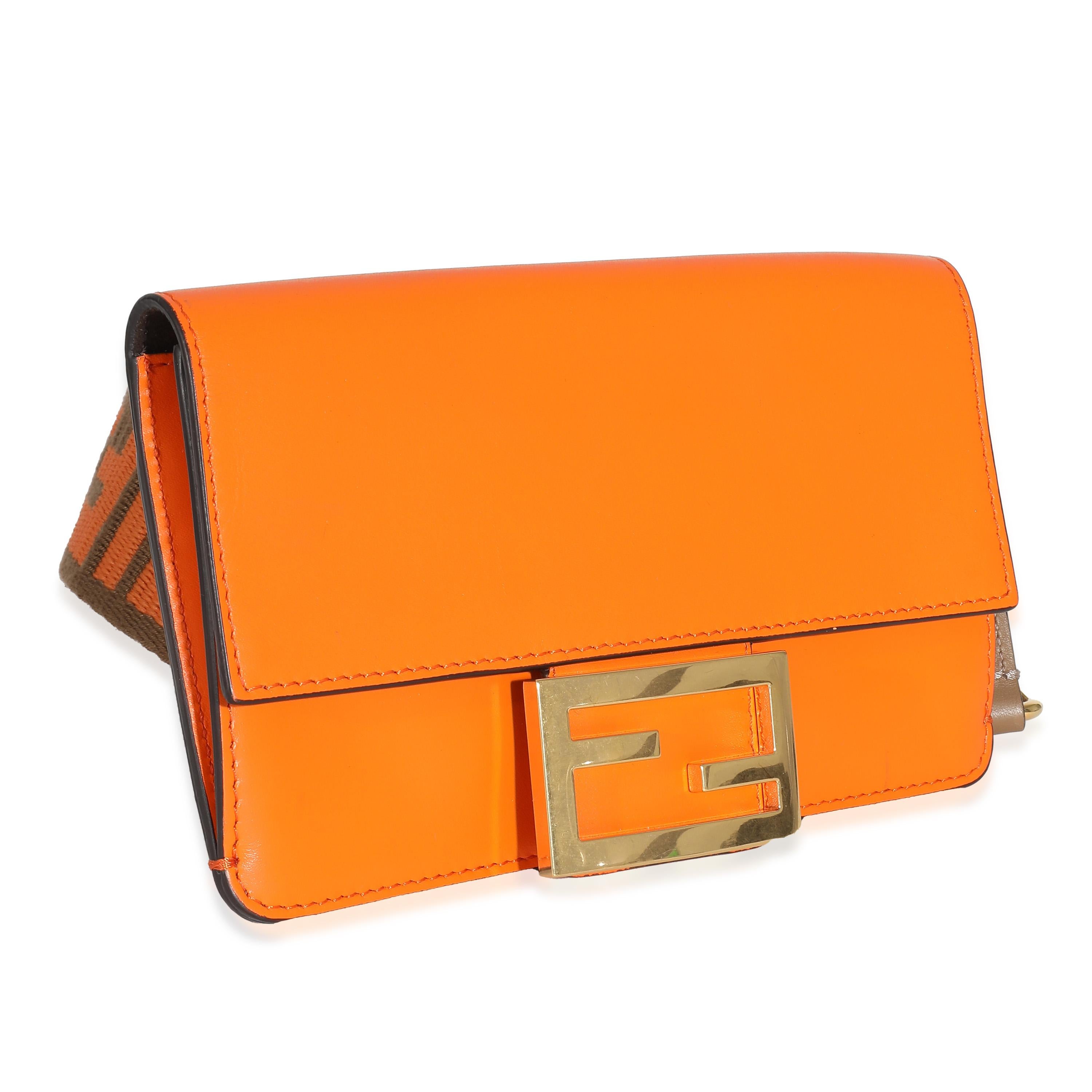 Fendi Orange Calfskin Mini Flat Baguette with Brown 'Strap You' Strap For Sale 1