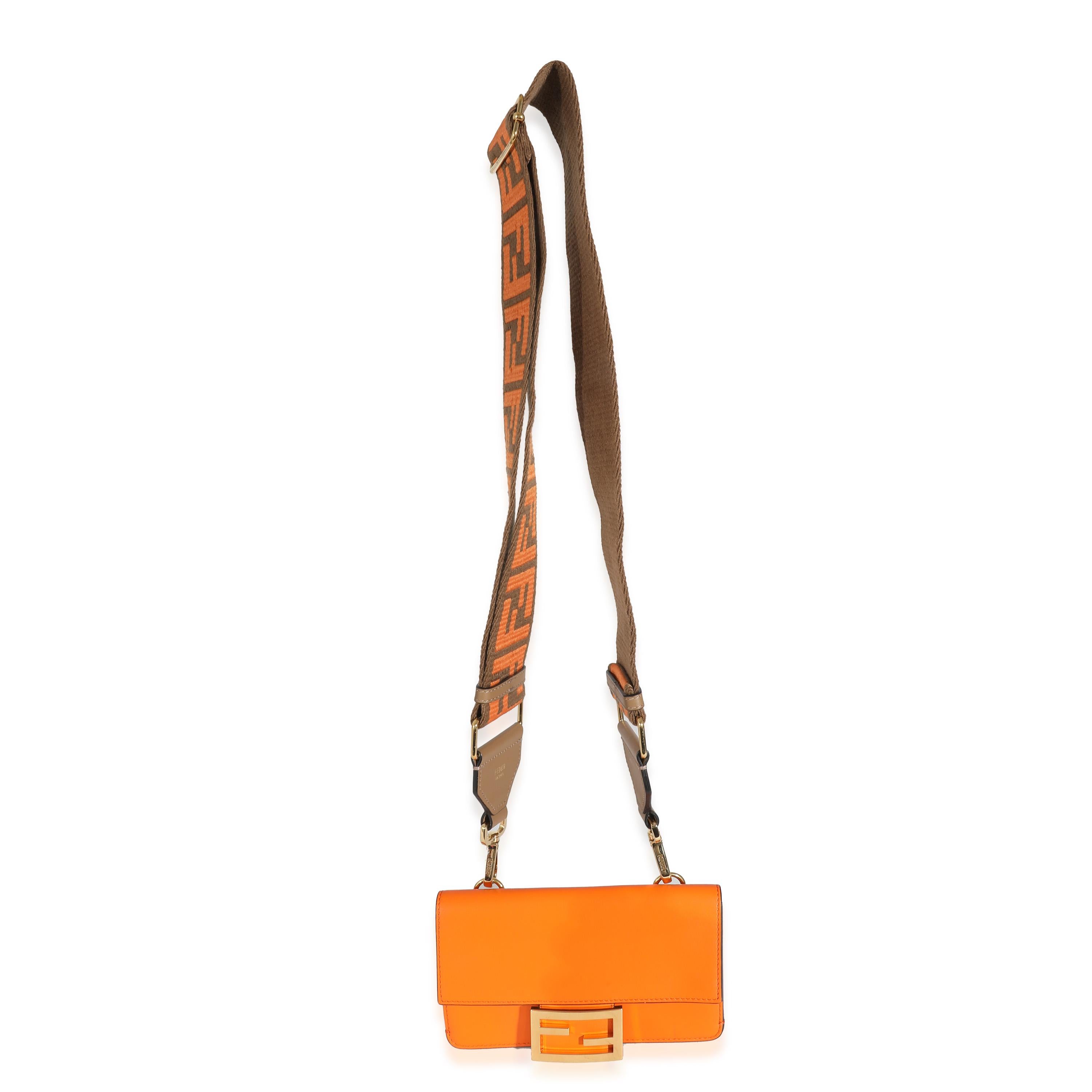 Fendi Orange Calfskin Mini Flat Baguette with Brown 'Strap You' Strap For Sale 2