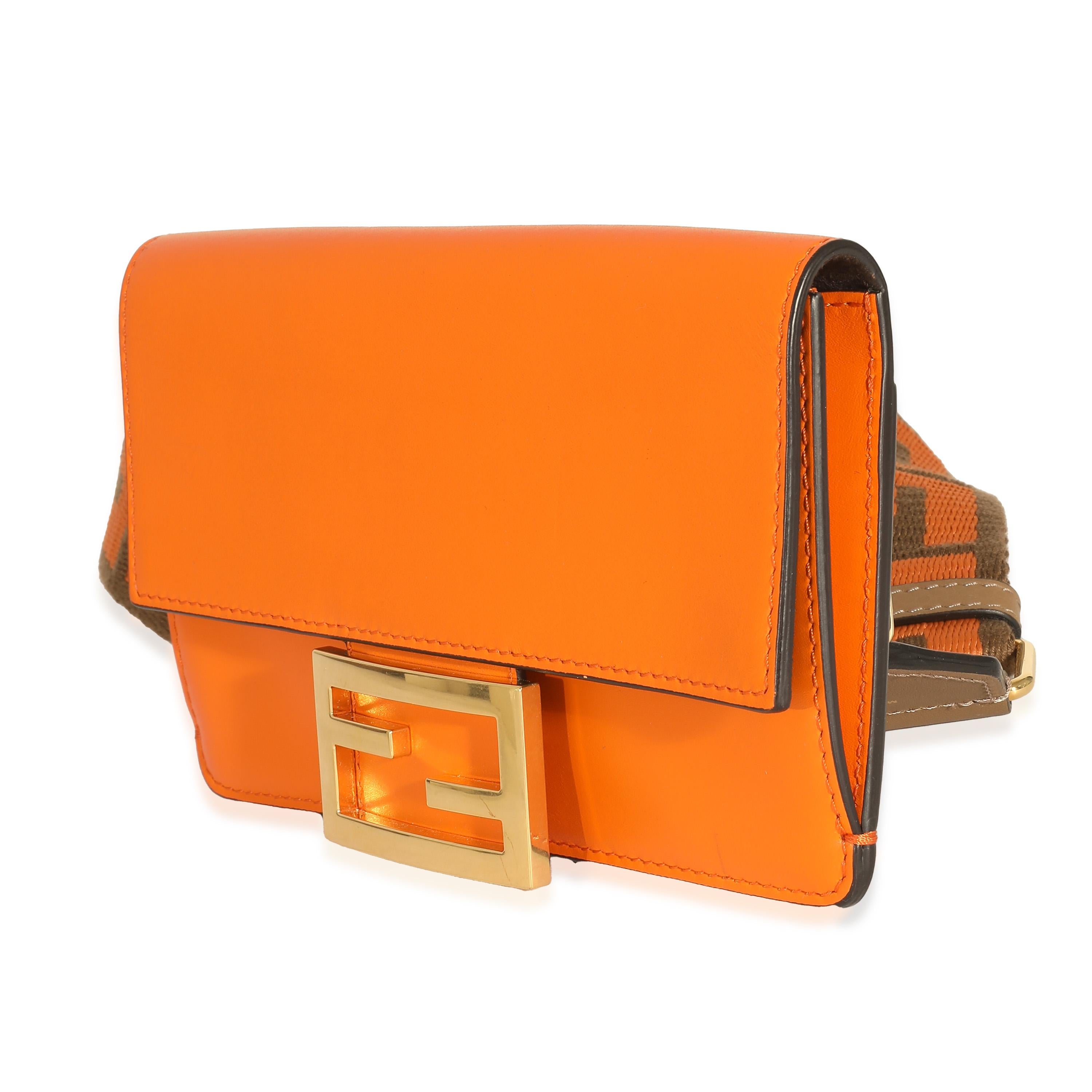 Fendi Orange Calfskin Mini Flat Baguette with Brown 'Strap You' Strap For Sale 4