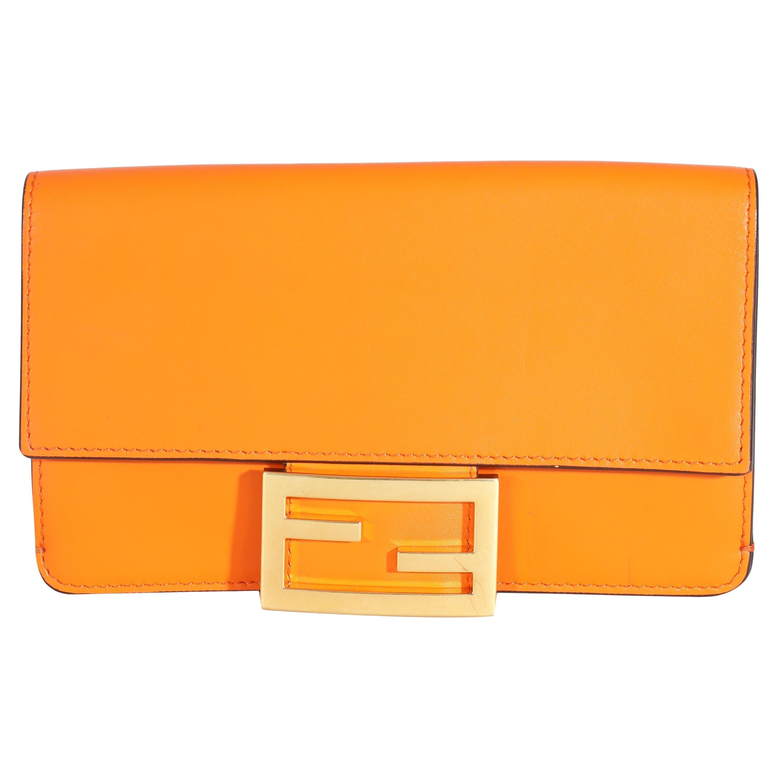 Fendi Orange Calfskin Mini Flat Baguette with Brown 'Strap You' Strap For Sale