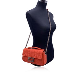 Fendi Orange Embossed FF Logo Baguette Chain Crossbody Bag
