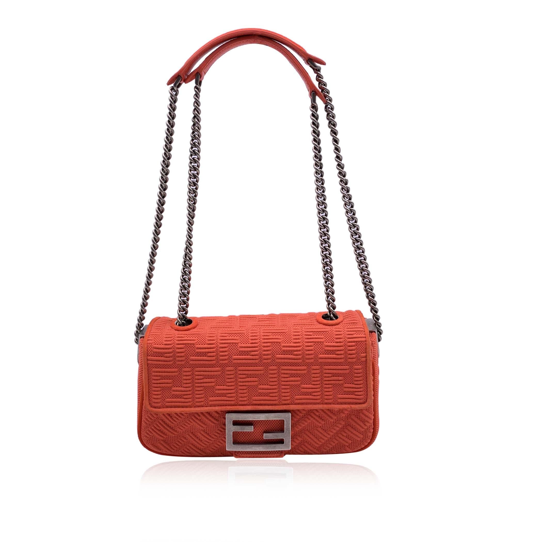 Fendi Orange Embossed FF Logo Baguette Chain Crossbody Bag In Excellent Condition For Sale In Rome, Rome