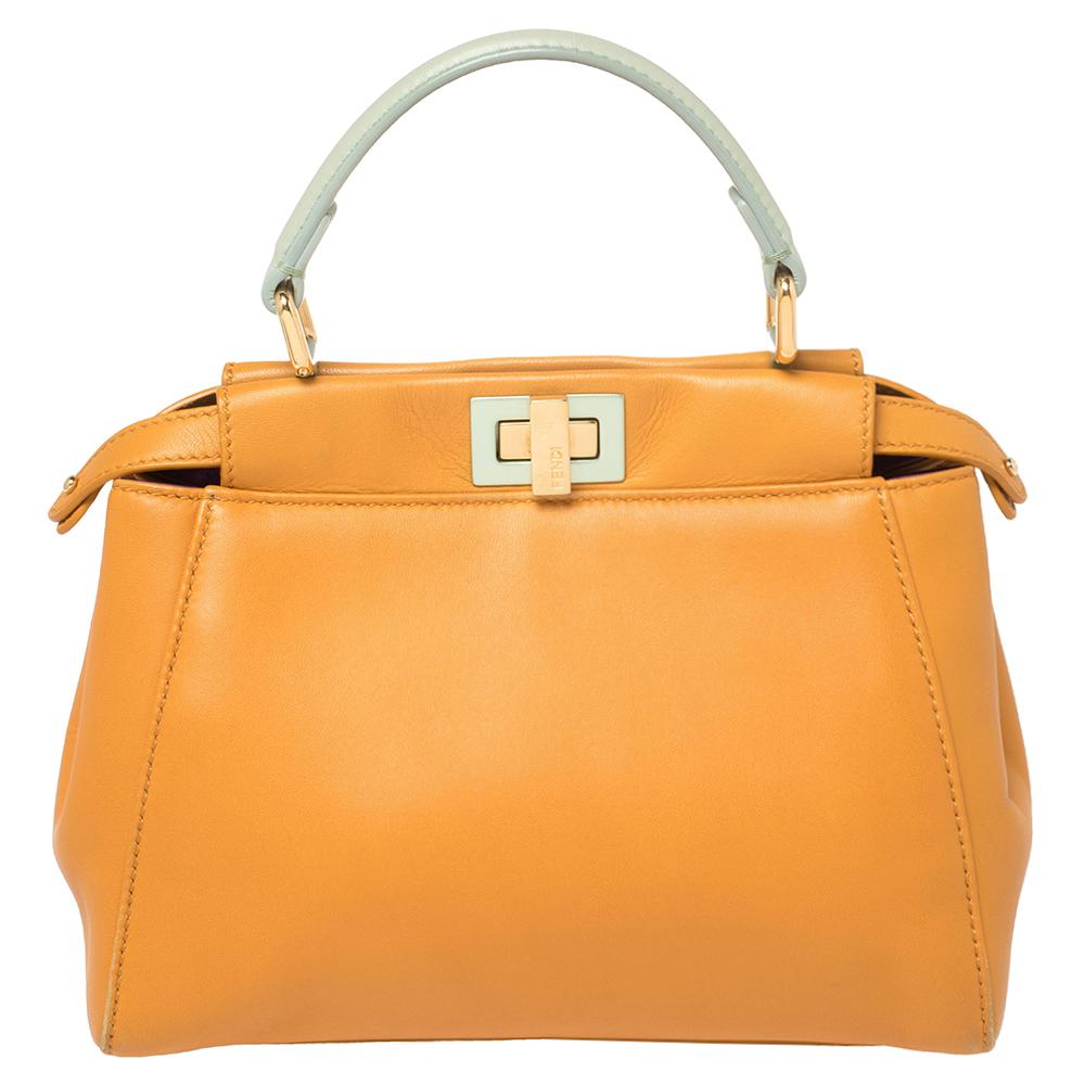 Fendi Orange/Green Leather Mini Peekaboo Top Handle Bag In Good Condition In Dubai, Al Qouz 2