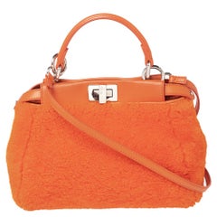 Fendi Orange Leather and Shearling Mini Peekaboo Top Handle Bag