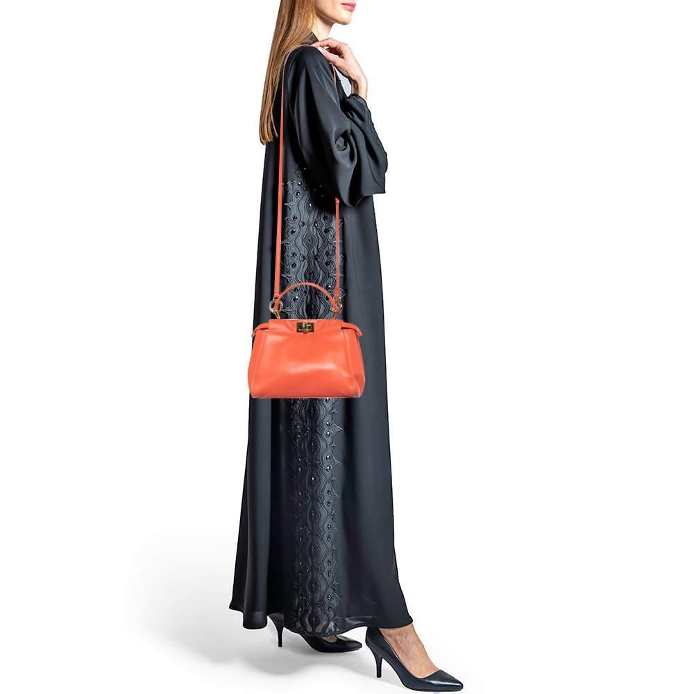 Fendi Orange Leather Mini Peekaboo Top Handle Bag In Good Condition For Sale In Dubai, Al Qouz 2