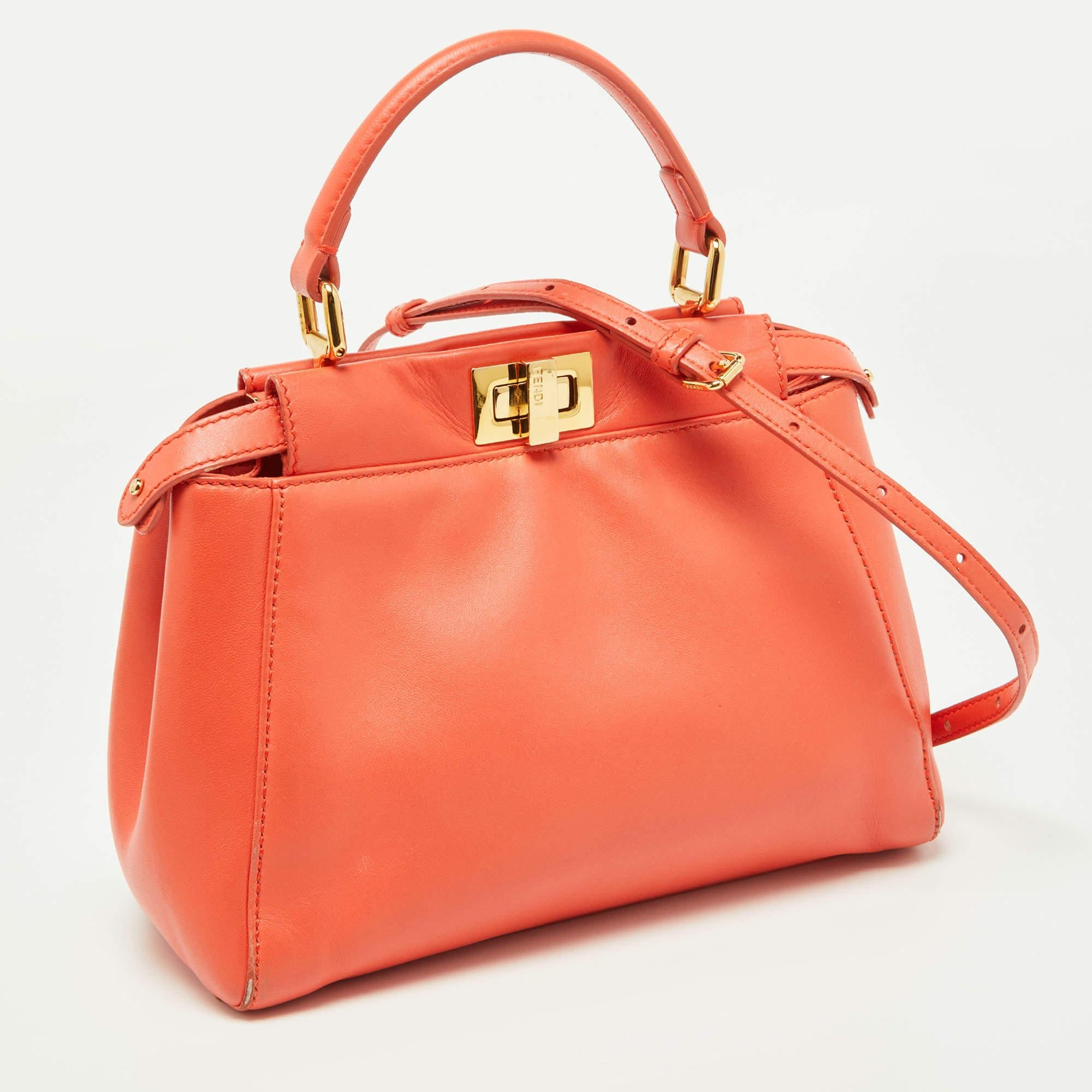 Women's Fendi Orange Leather Mini Peekaboo Top Handle Bag For Sale