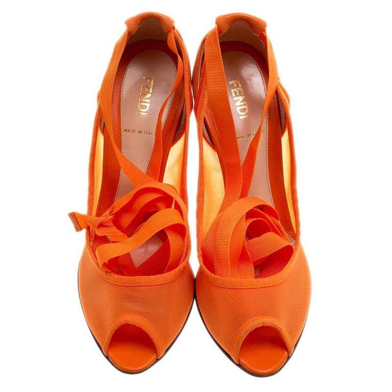 Fendi Orange Mesh And Leather Ankle Wrap Cut Out Wedge Pumps Size 37 ...