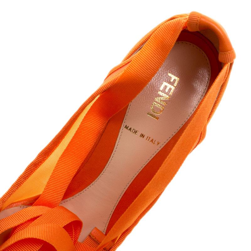 Fendi Orange Mesh And Leather Ankle Wrap Cut Out Wedge Pumps Size 37 2