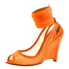 Fendi Orange Mesh And Leather Ankle Wrap Cut Out Wedge Pumps Size 37
