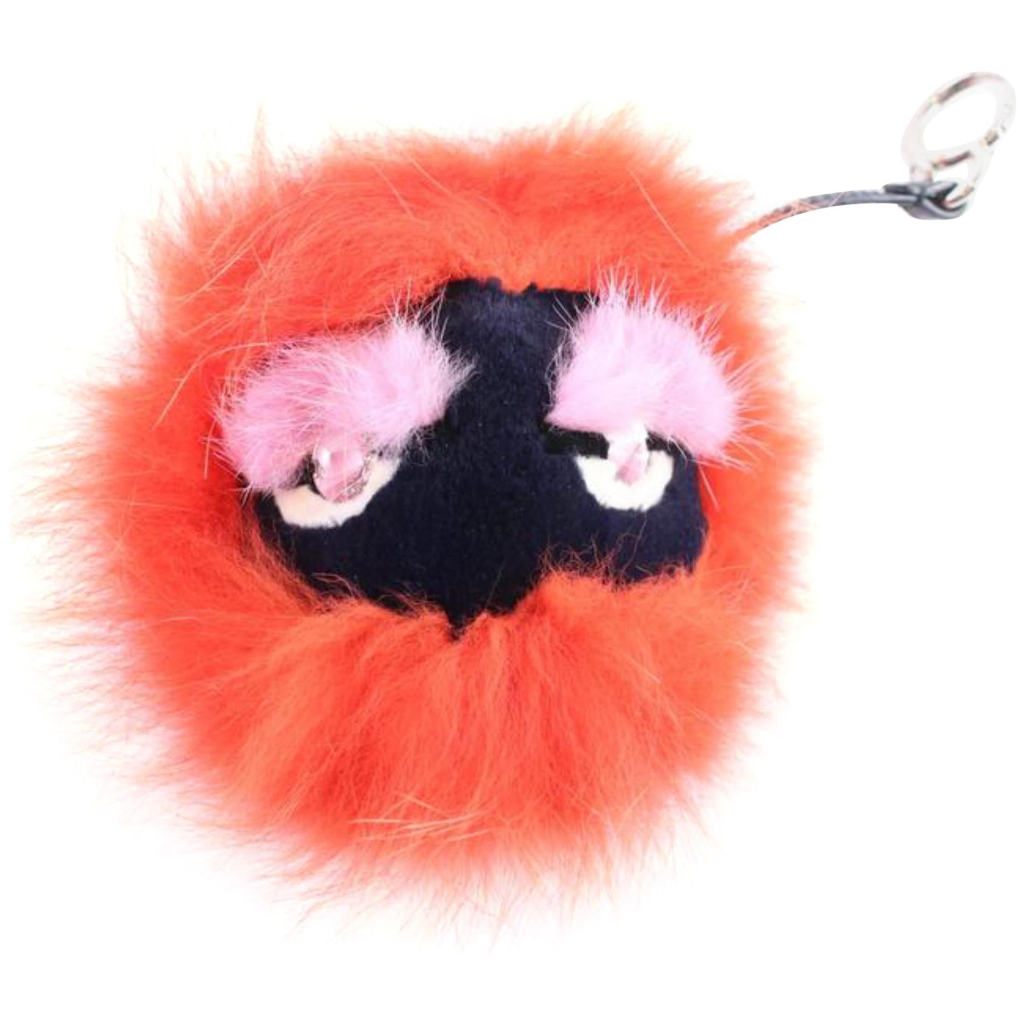 Fendi Orange Monster Bug Eye Fox Fur Ball Keychain and Bag Charm 1fr0423 For Sale