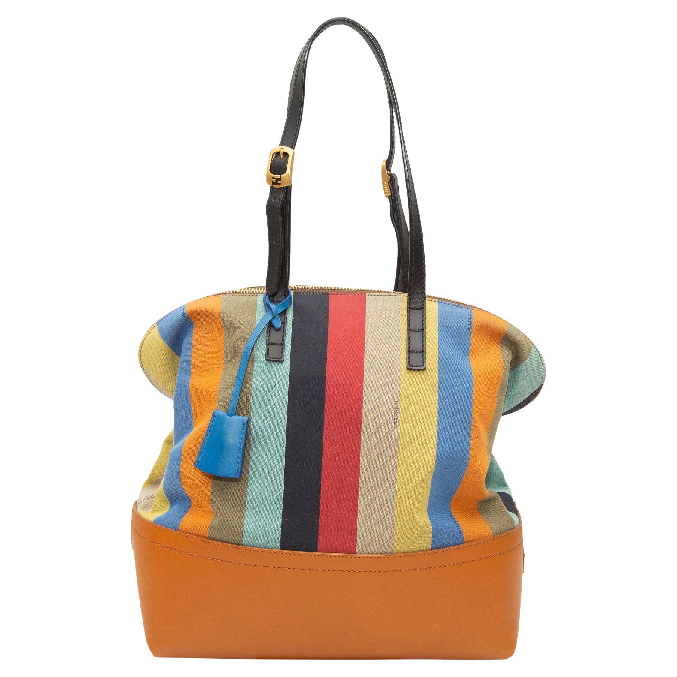 Fendi Orange & Multicolor Striped Cotton & Leather Handbag