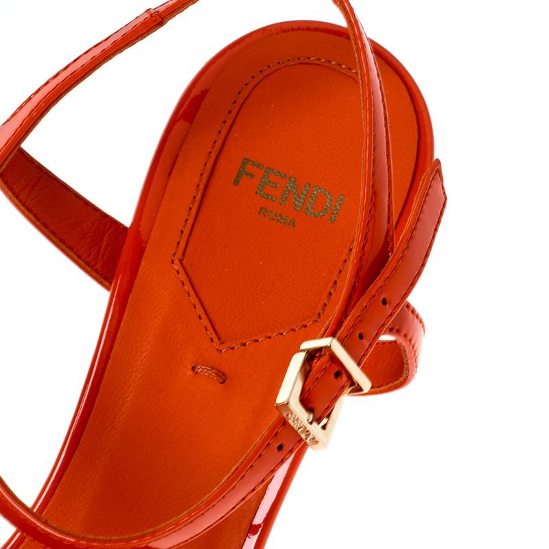 Women's Fendi Orange Patent Leather Ankle Strap Wedge Sandals Size 38.5