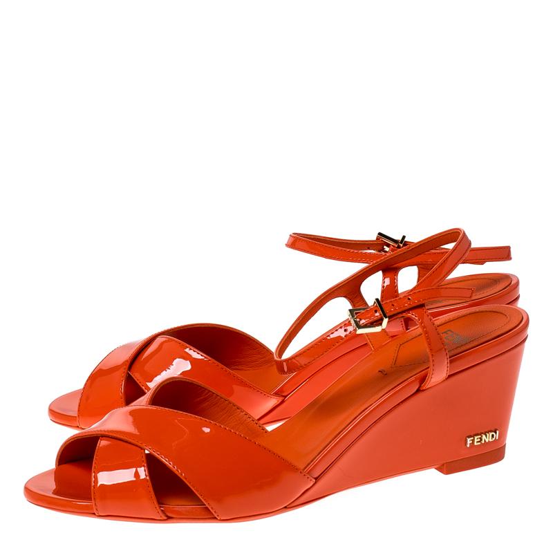 Fendi Orange Patent Leather Ankle Strap Wedge Sandals Size 38.5 1