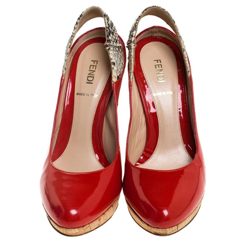 Add tons of style to your look by donning these patent leather sandals. Fendi is known for classy designs just like this pair. They have cork platforms as well as heels and snakeskin slingbacks. Amplify your taste in fashion with these gorgeous