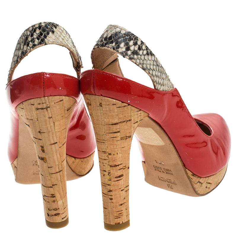 Fendi Orange Patent Leather Cork Platform Slingback Sandals Size 36.5 1
