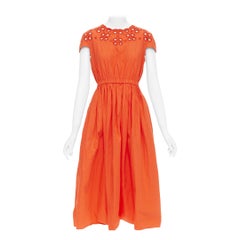 FENDI vestido de popelina naranja con ojales bordados y manga casquillo acanalada