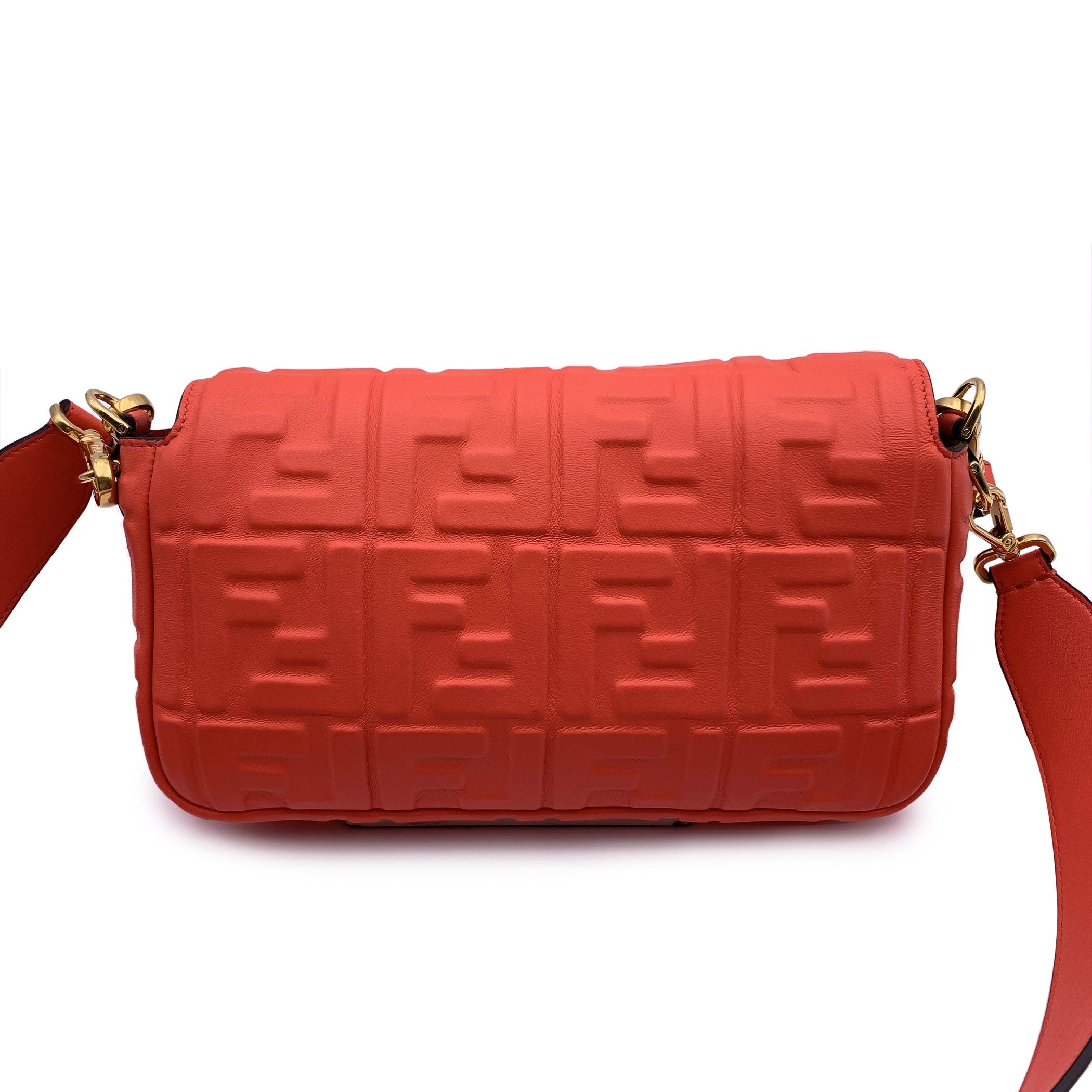 Fendi Orange Red Embossed FF Logo Leather Baguette Shoulder Bag In Excellent Condition For Sale In Rome, Rome