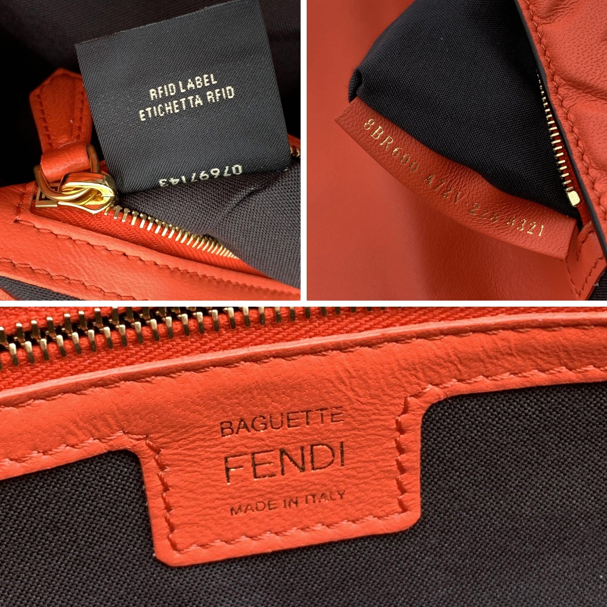Women's Fendi Orange Red Embossed FF Logo Leather Baguette Shoulder Bag For Sale