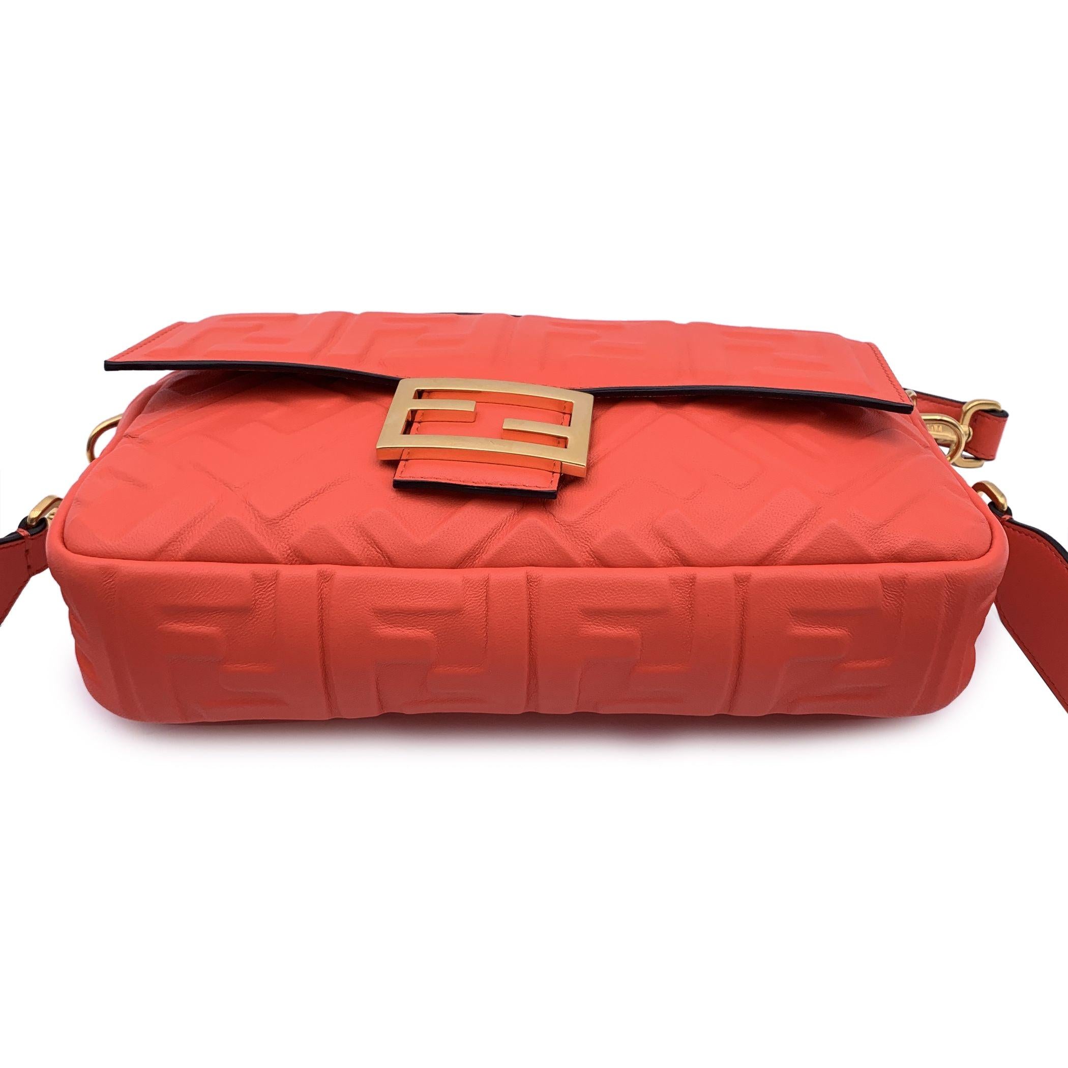 Fendi Orange Red Embossed FF Logo Leather Baguette Shoulder Bag For Sale 1