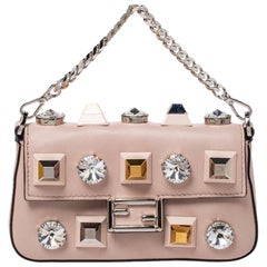 Fendi Pale Pink Crystal Studded Leather Micro Baguette Wallet on Chain