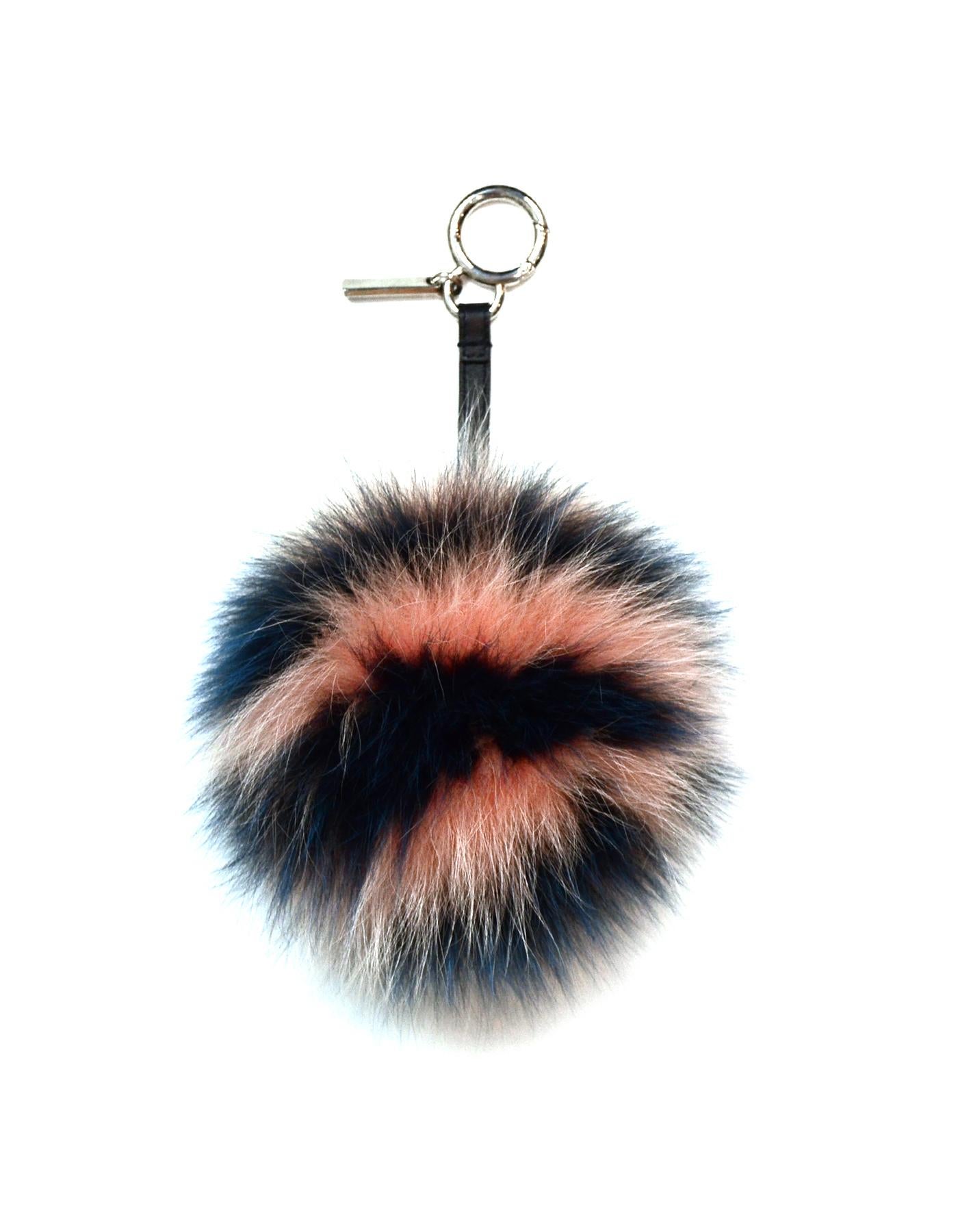 Fendi Peach Blue Stripe Fox Fur Pom Pom Bag Charm

Made In: Italy
Color: Peach, Blue
Materials: Fox Fur, Leather, Metal
Overall Condition: Excellent pre-owned condition
Estimated Retail: $650 + tax

Measurements: 
approx. 6