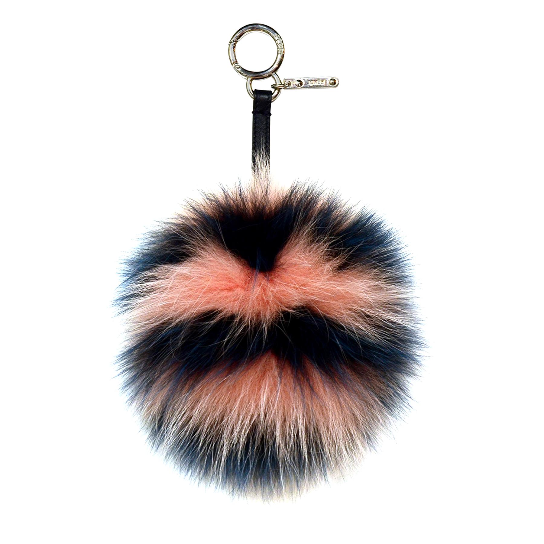 Fendi Peach Blue Stripe Fox Fur Pom Pom Bag Charm rt. $650