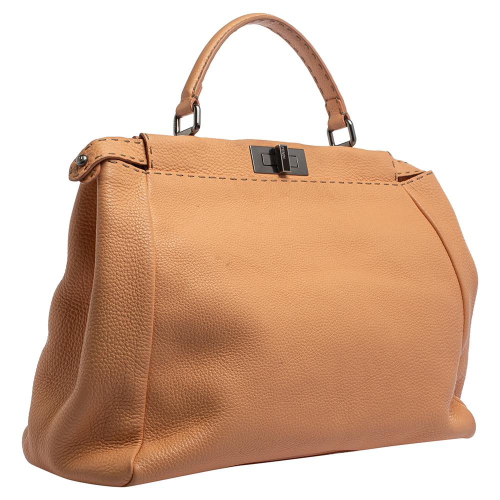 Orange Fendi Peach Selleria Leather Large Peekaboo Top Handle Bag