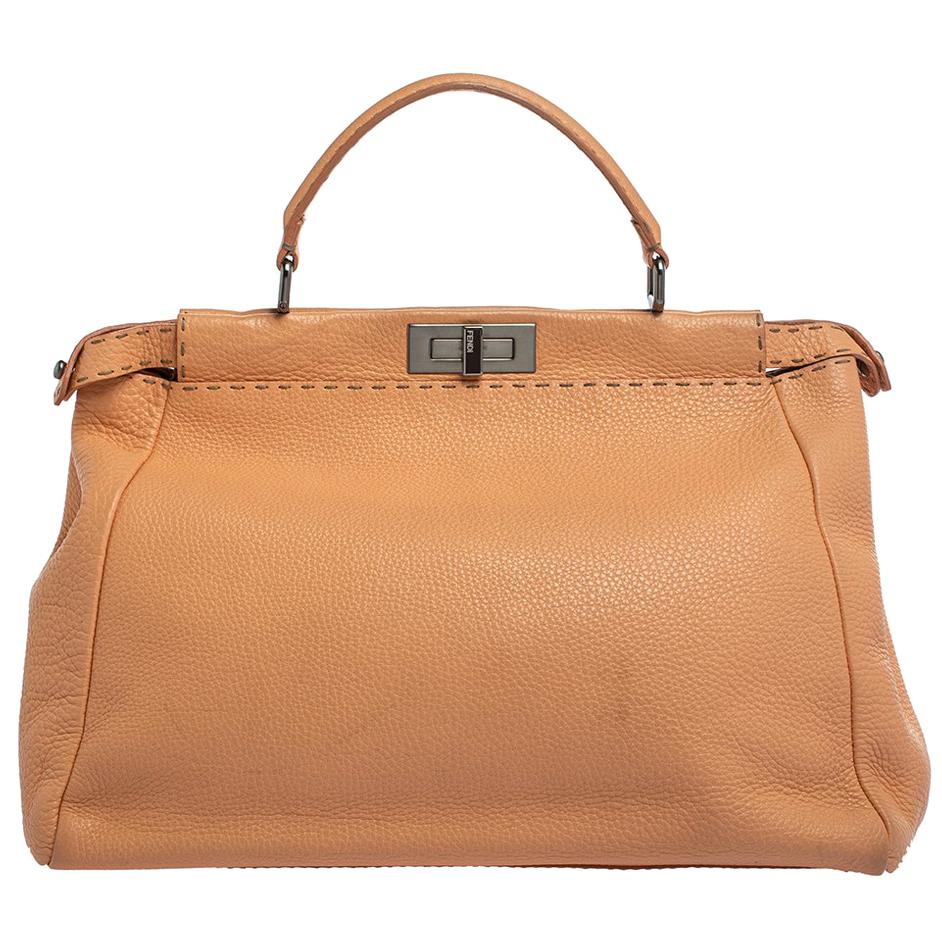 Fendi Peach Selleria Leather Large Peekaboo Top Handle Bag