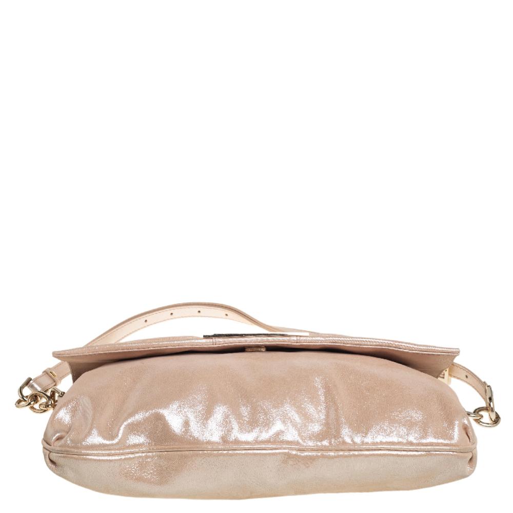 Beige Fendi Peach Shimmer Leather Mia Flap Shoulder Bag