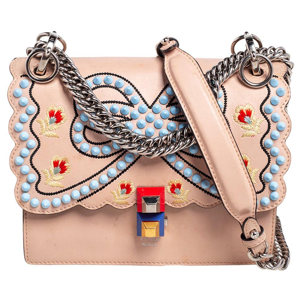 Fendi Peach Spike Embroidered Leather Small Kan I Shoulder Bag