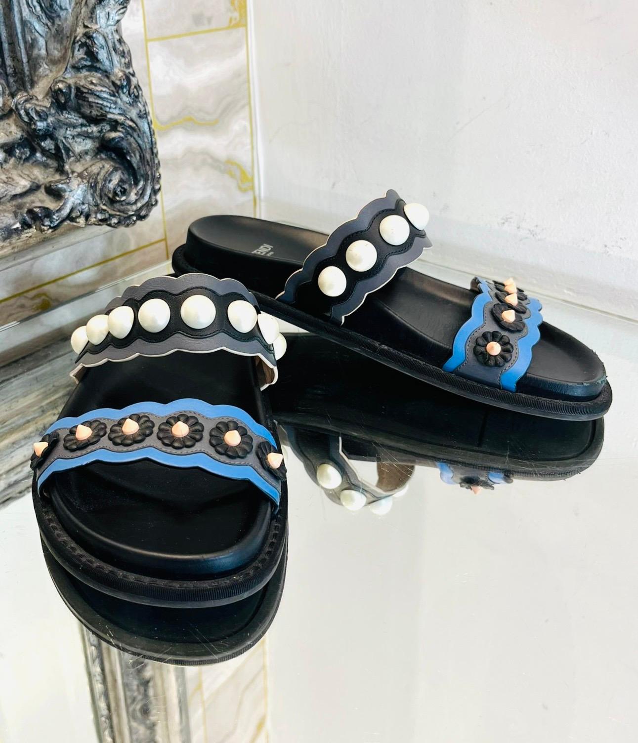 Black Fendi Pearl Embellished Leather Slides For Sale