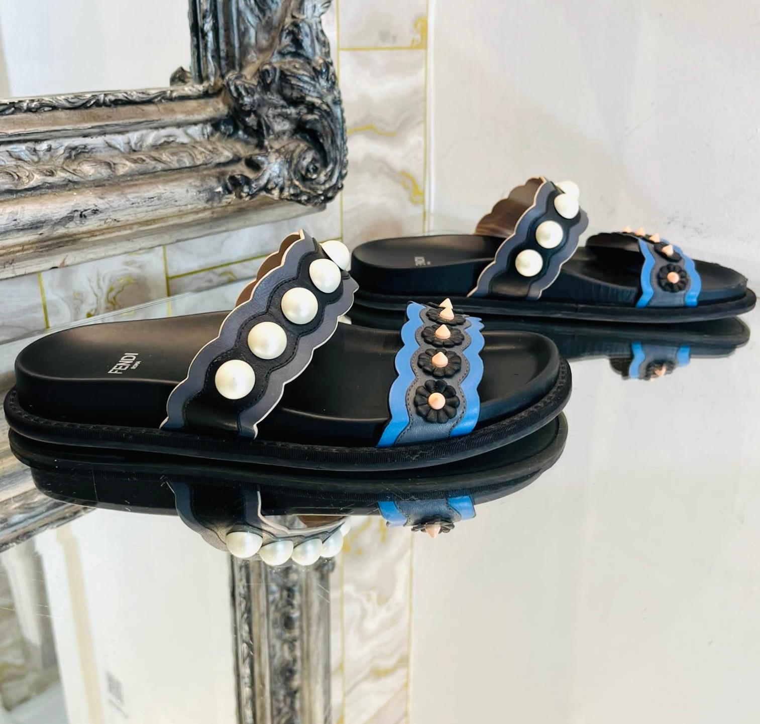 Fendi Pearl Embellished Leather Slides In Fair Condition For Sale In London, GB