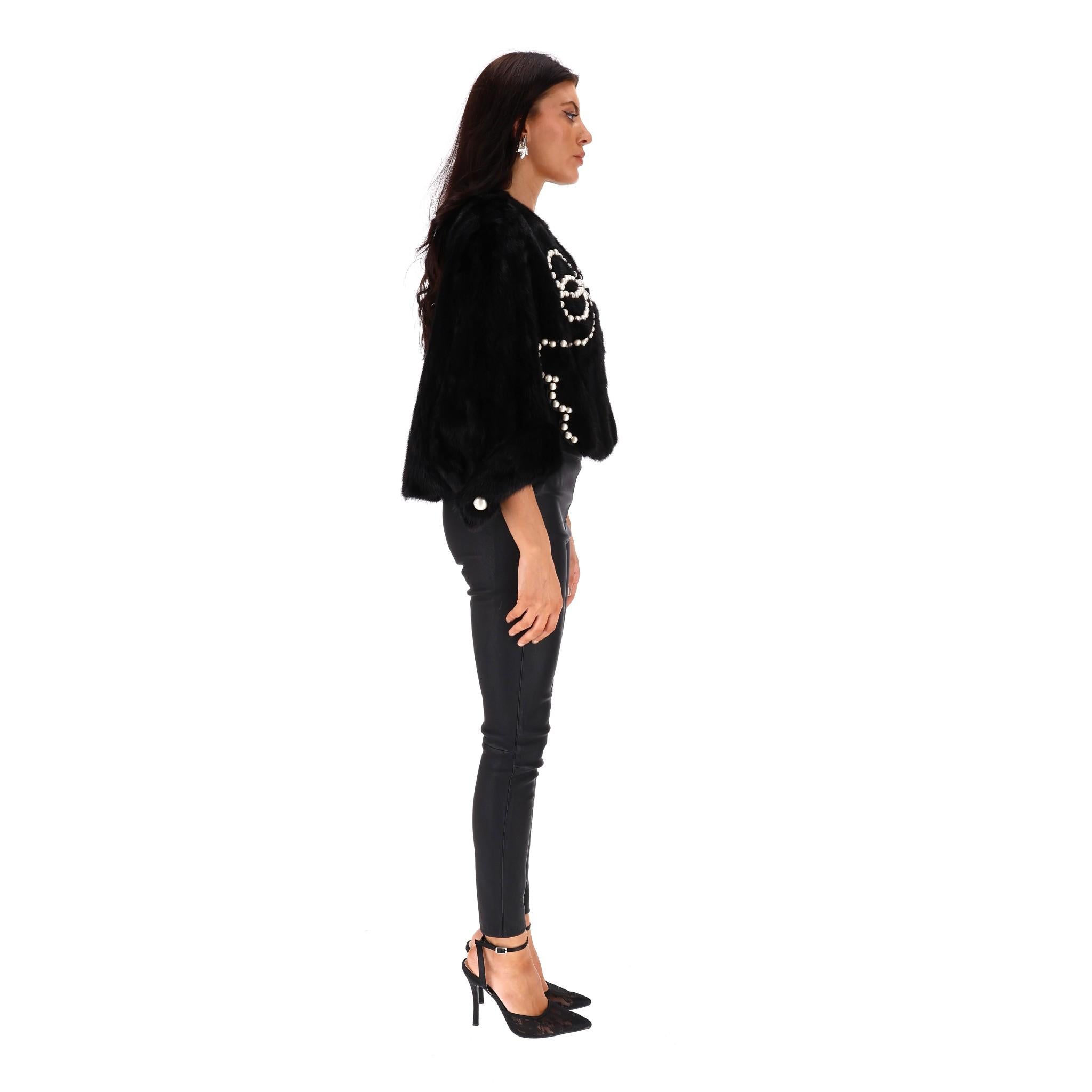 Black Fendi Pearl Embellished Mink Fur Jacket For Sale