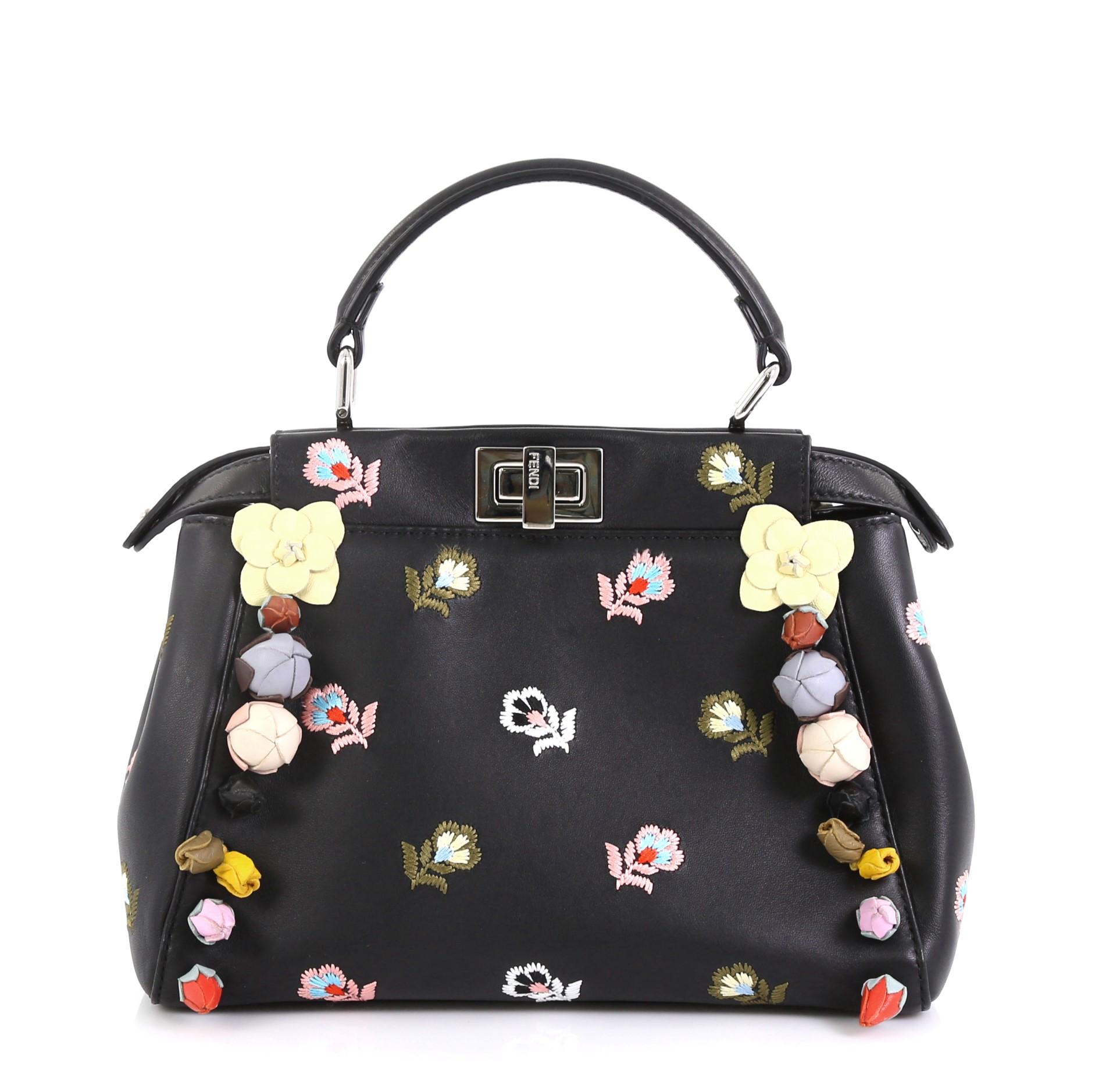 Black Fendi Peekaboo Bag Embroidered Leather with Floral Applique Mini