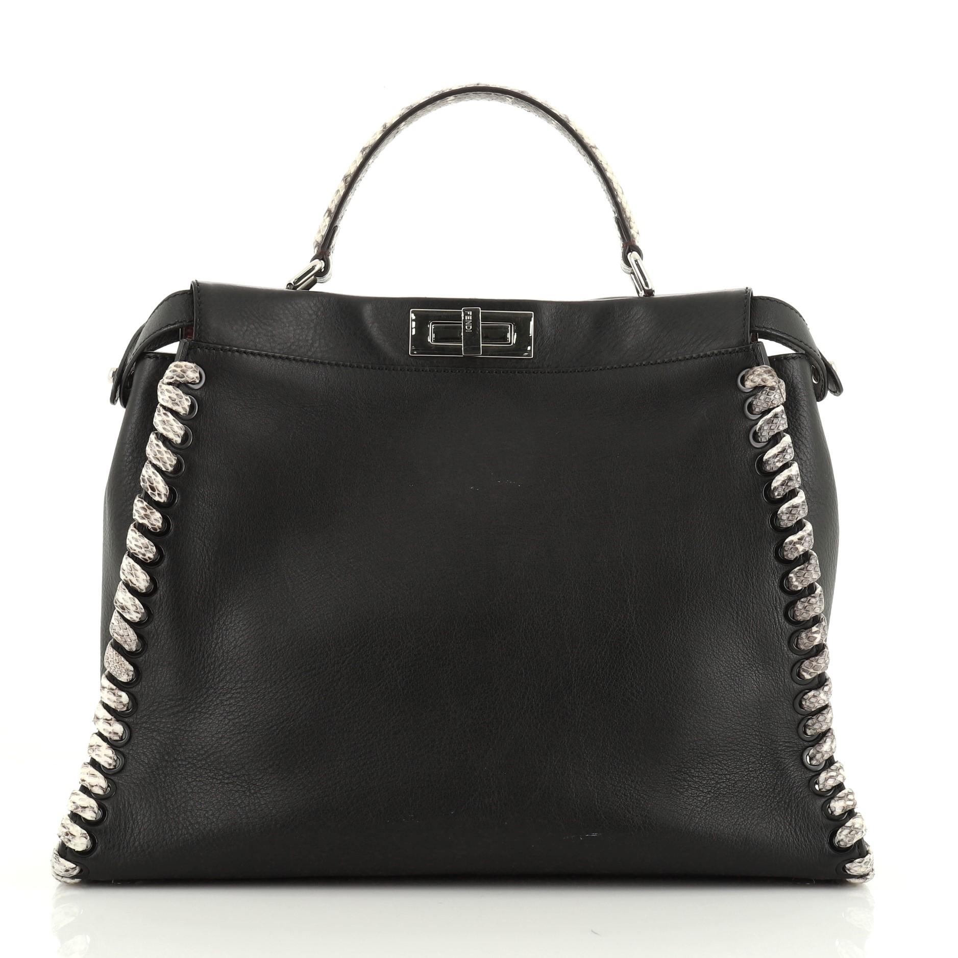 Black Fendi Peekaboo Bag Leather with Python Whipstitch Large