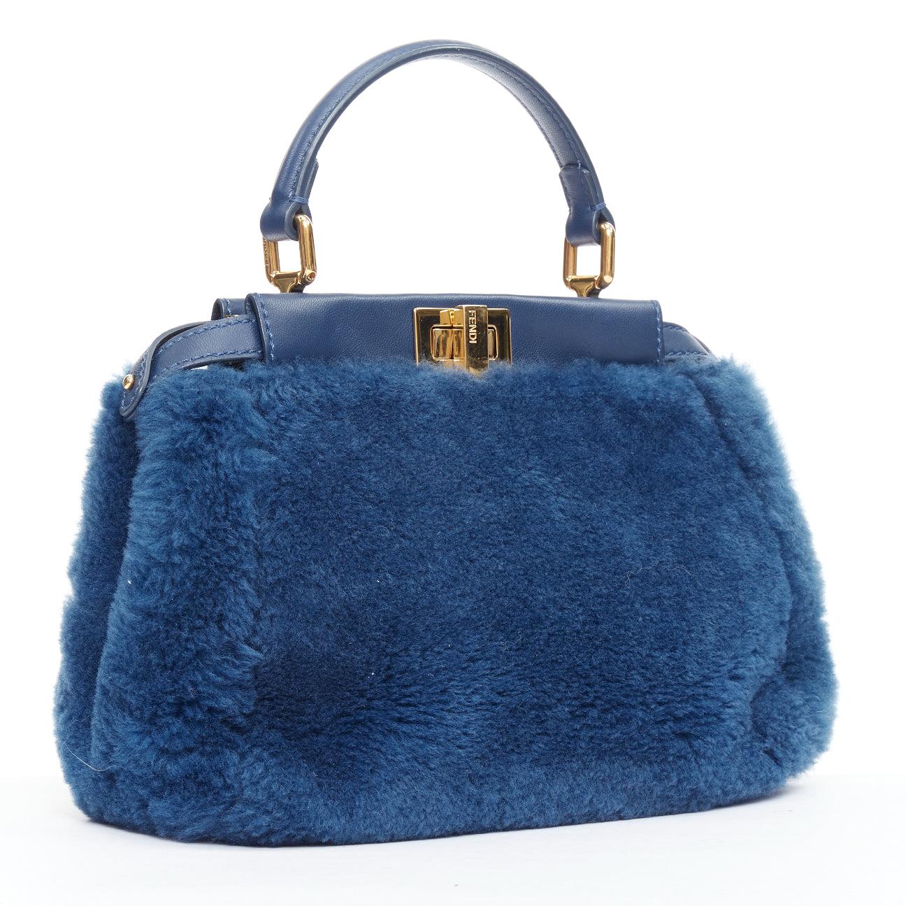 Purple FENDI Peekaboo blue shearling fur gold hardware turnlock crossbody satchel For Sale