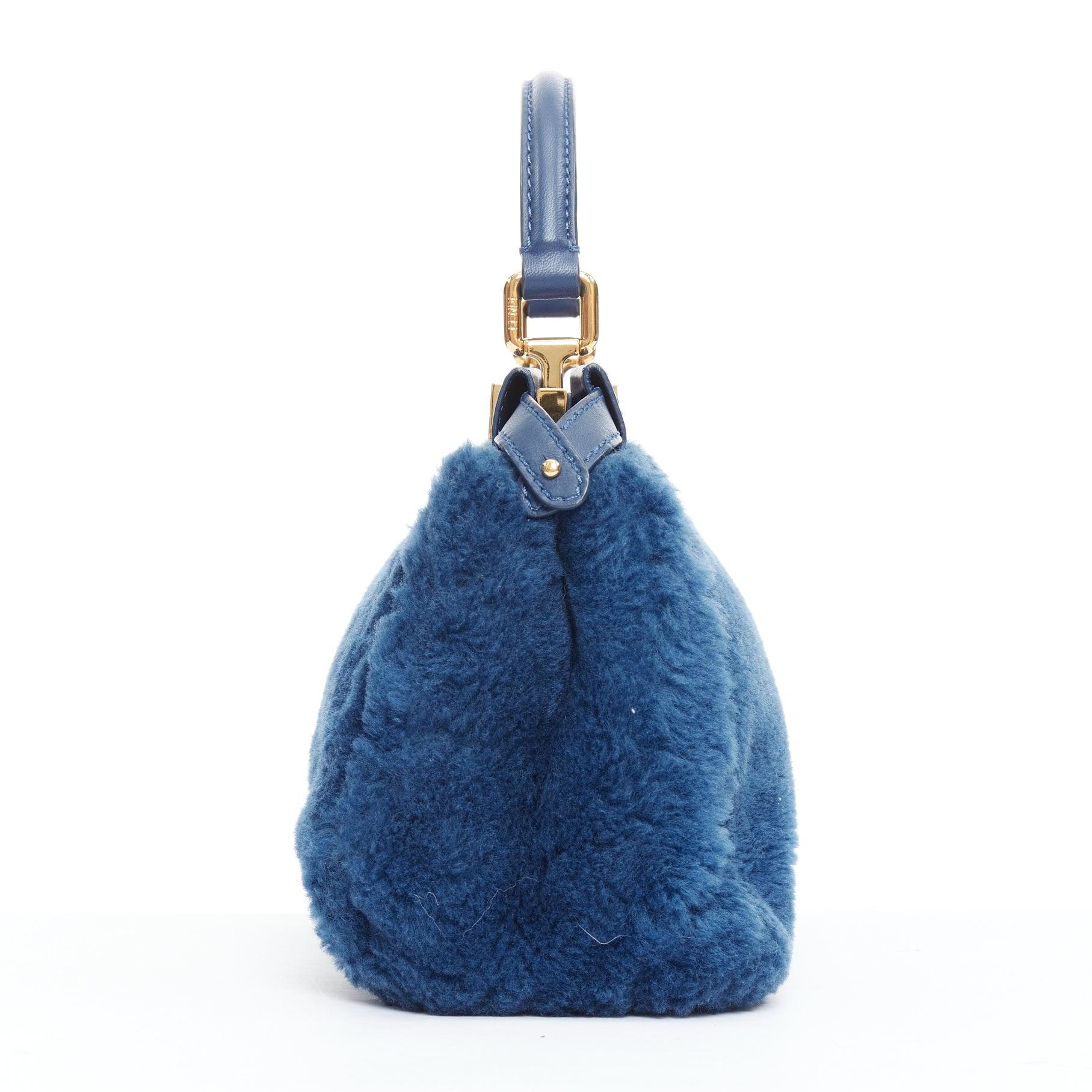 FENDI Peekaboo blue shearling fur gold hardware turnlock crossbody satchel In Good Condition For Sale In Hong Kong, NT