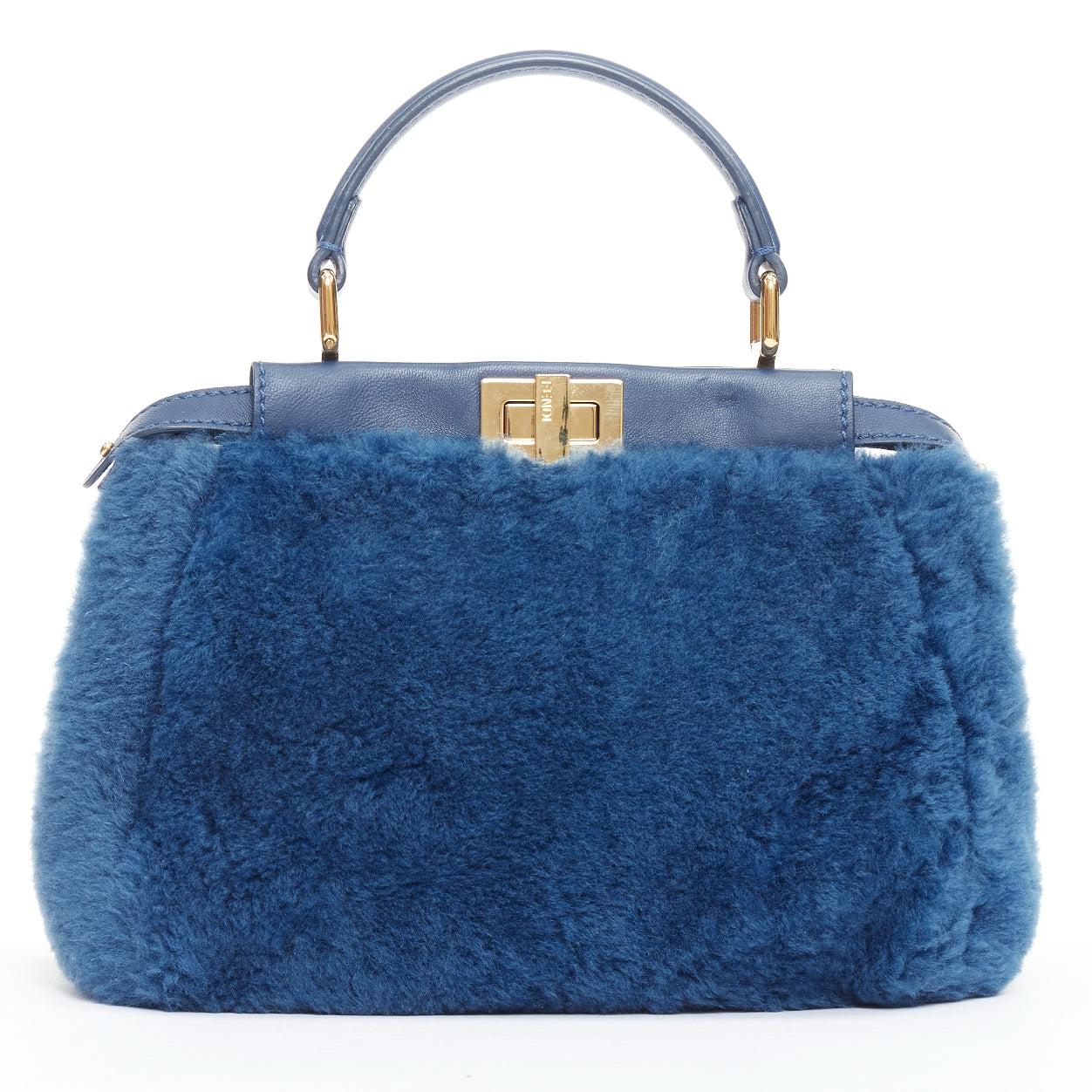 Women's FENDI Peekaboo blue shearling fur gold hardware turnlock crossbody satchel For Sale
