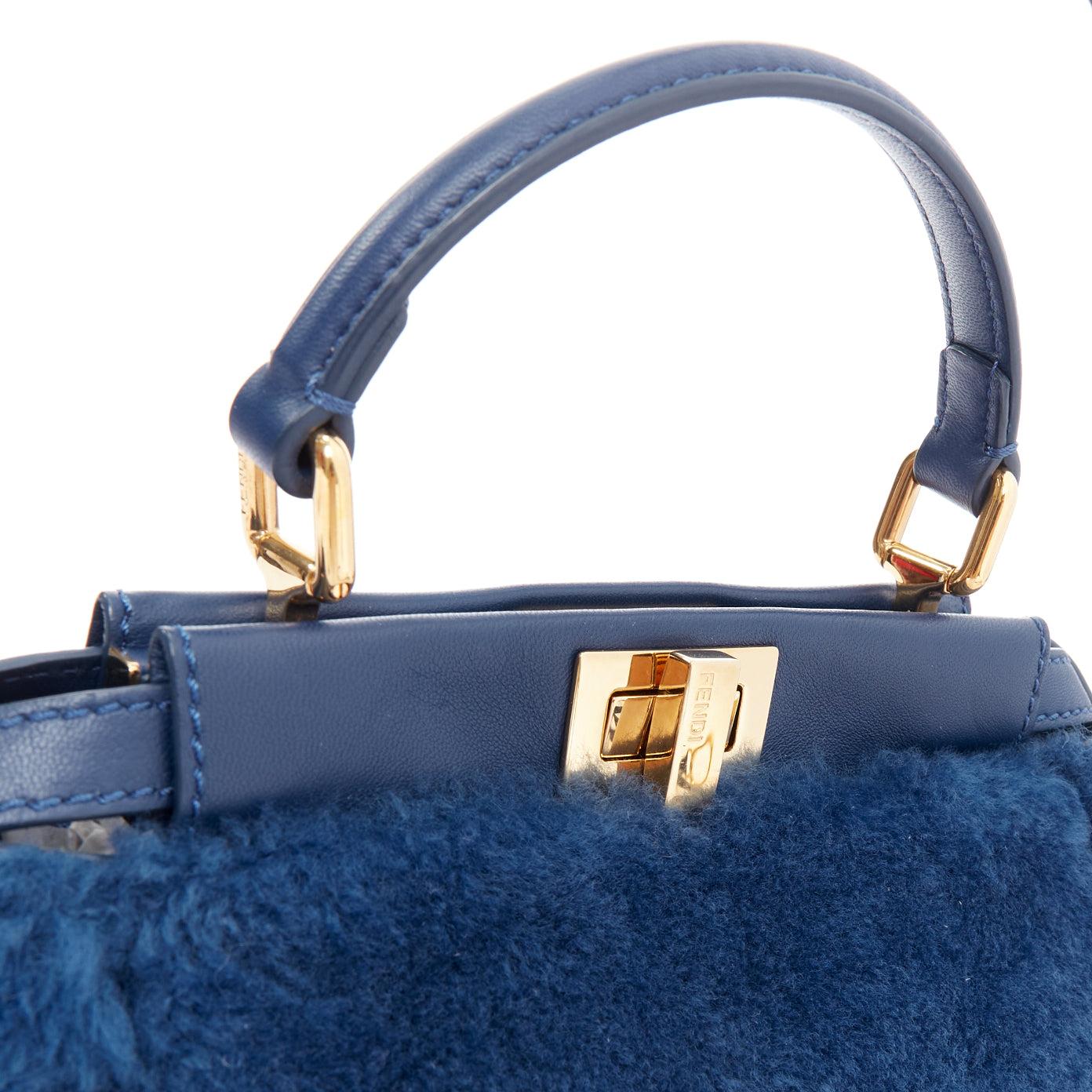 FENDI Peekaboo blue shearling fur gold hardware turnlock crossbody satchel For Sale 2