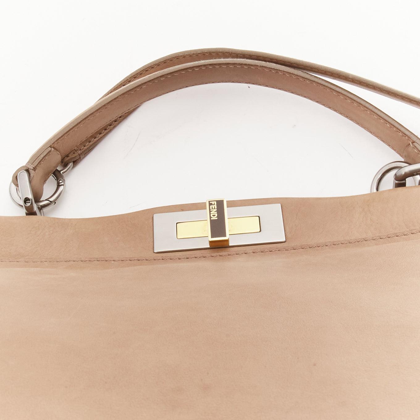FENDI Peekaboo brown soft leather mixed metal turnlock top handle shoulder bag For Sale 3