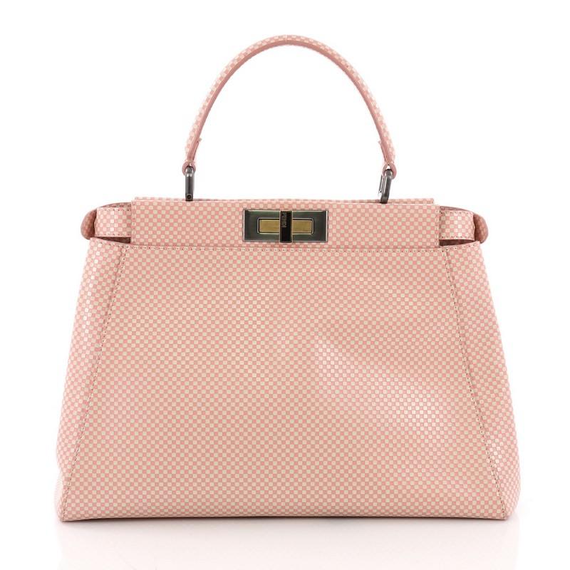 Beige Fendi Peekaboo Handbag Checkered Leather With Crystal Beading Interior Regular