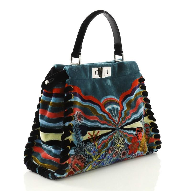 Black Fendi Peekaboo Handbag Embroidered Velvet Medium