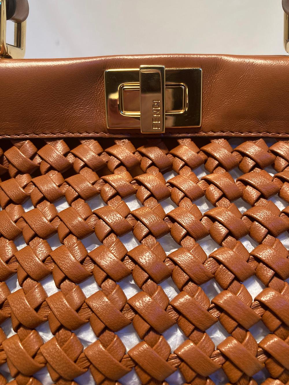 Fendi Peekaboo Iconic Mini Brown Leather Interlace Bag In New Condition In Philadelphia, PA