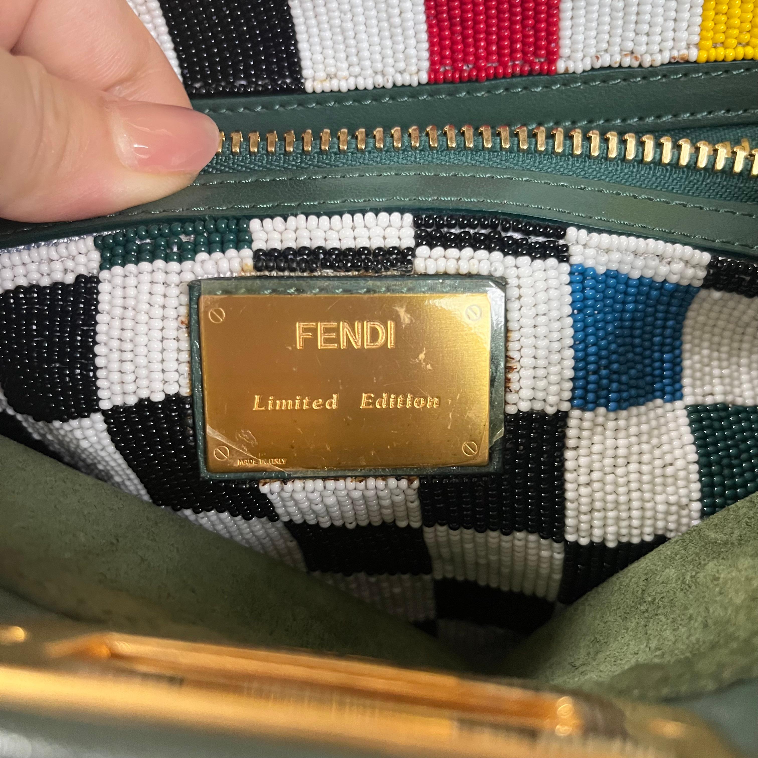 Fendi Peekaboo in Beaded Penguin Medium Vertical Stripes Canvas Green Leather 6