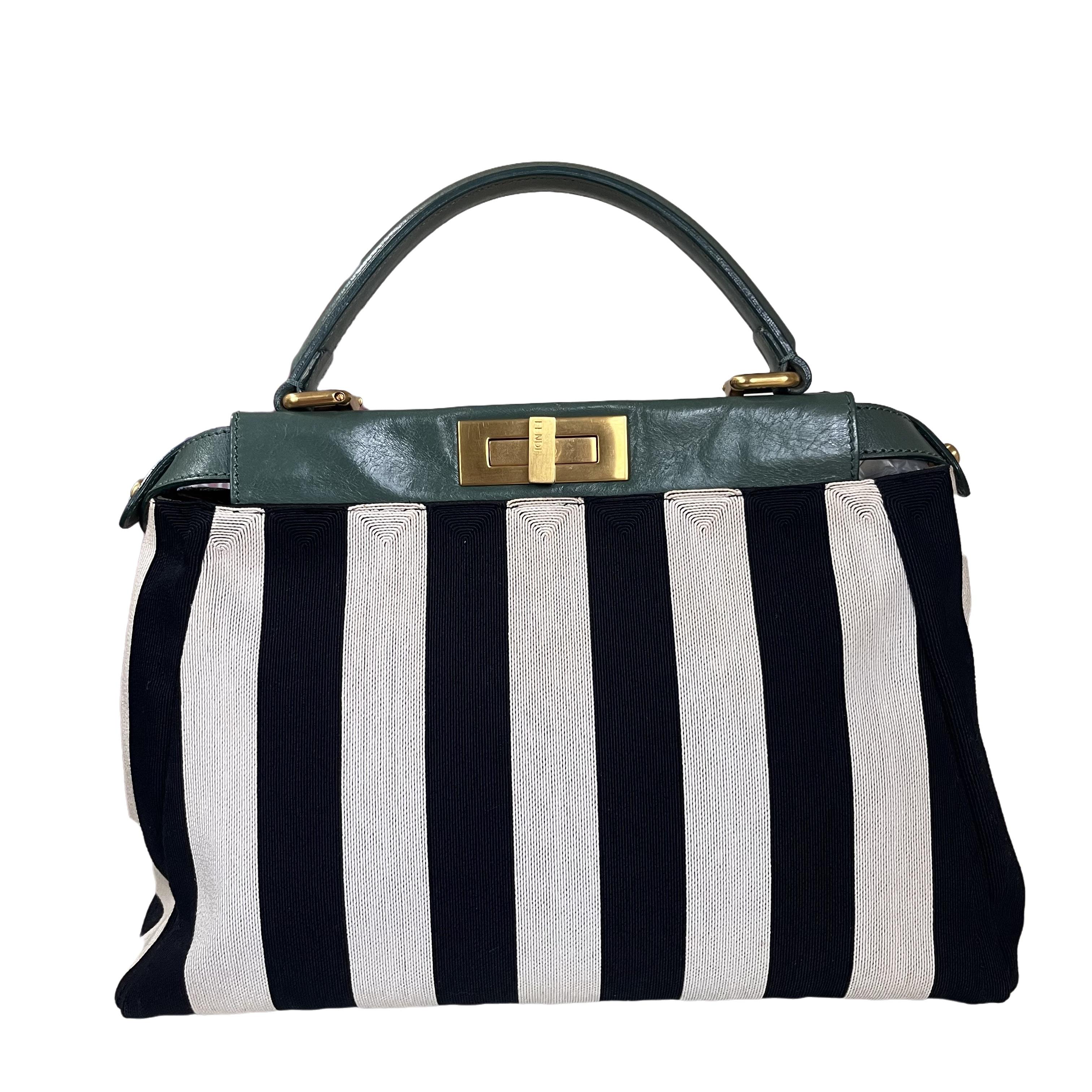 Fendi Peekaboo in Beaded Penguin Medium Vertical Stripes Canvas Green Leather In Good Condition In AUBERVILLIERS, FR