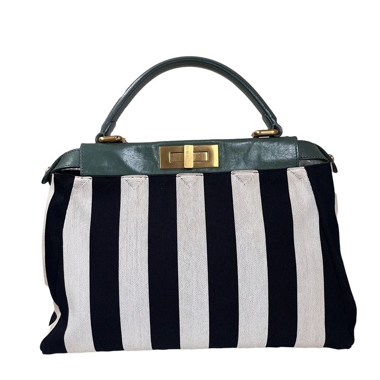 Fendi Peekaboo in Perlen Penguin Medium Vertikale Streifen Canvas Grunes Leder mit vertikalen Streifen bei 1stDibs